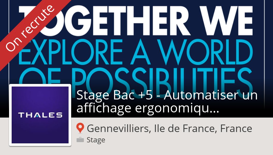ThalesCareers's tweet image. Stage Bac +5 - #Automatiser un aff... (#GennevilliersIledeFranceFrance) chez #Thales #stage workfor.us/thales/36e1w