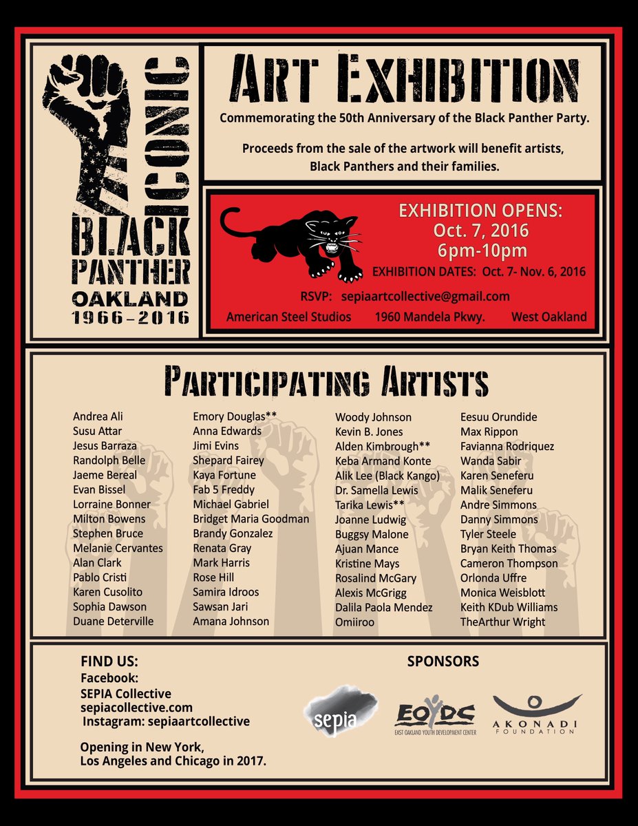 Art Exhibition: Iconic: Black Panther. Commemorting 50 Years. Opens October 7, 6-10 pm, American Steel Studios, Oakland