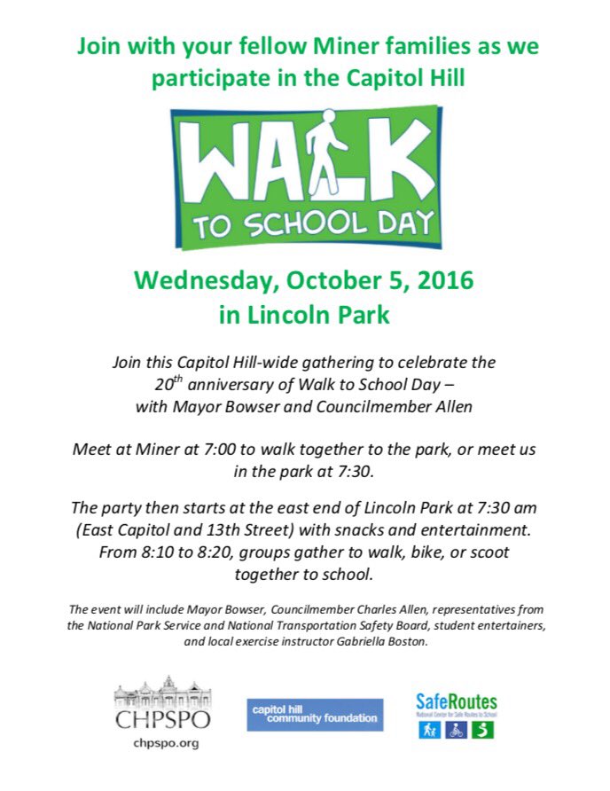 MinerElementary's tweet photo. WALK TO SCHOOL DAY is almost here! Join with your fellow Miner families as we participate this Wednesday, 10/5/16. #MinerCommunity https://t.co/CvBCOG0keU