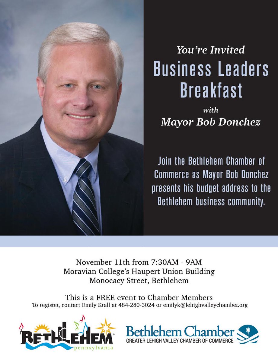Beth_Chamber's tweet image. Join the Bethlehem Chamber as Mayor Bob Donchez presents his budget address to the Bethlehem business community. Located in Moravian College