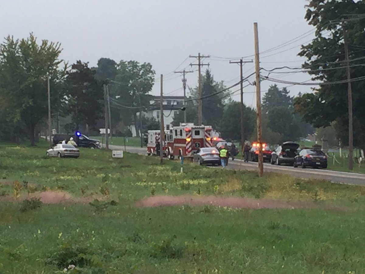 PhotogWKBW's tweet photo. This car struck a pole on Ransom Rd near the Clarence Fillmore Cemetery. Multiple agencies present. Road currently closed. @WKBW https://t.co/Tbp52p3W6T