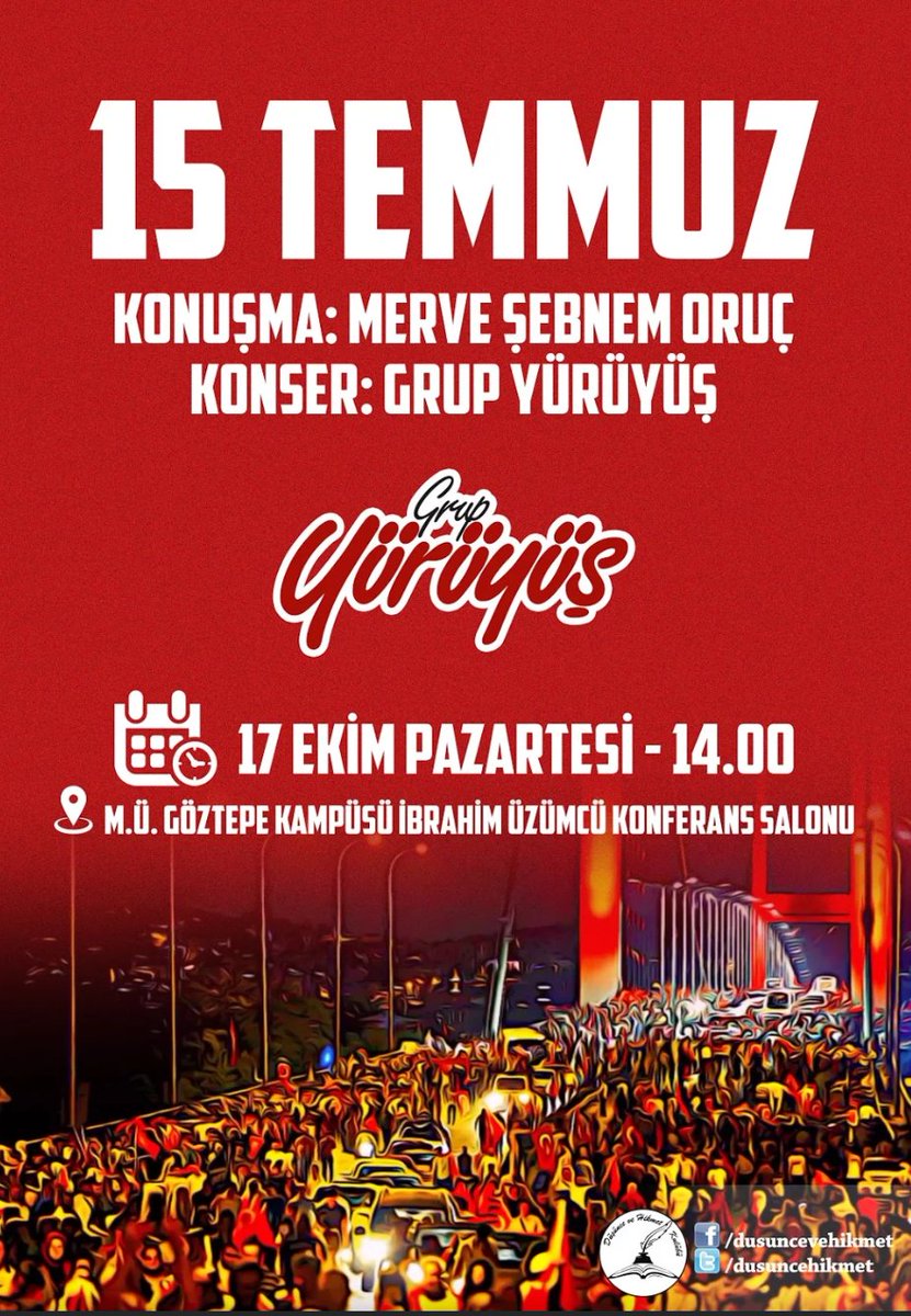 <a href="/mervesebnem/">Merve Şebnem Oruç</a> in konuşmacı olacağı <a href="/grupyuruyus/">Grup Yürüyüş</a> ün konseriyle gerçekleştireceğimiz "15 Temmuz" programımız 17 Ekimde.