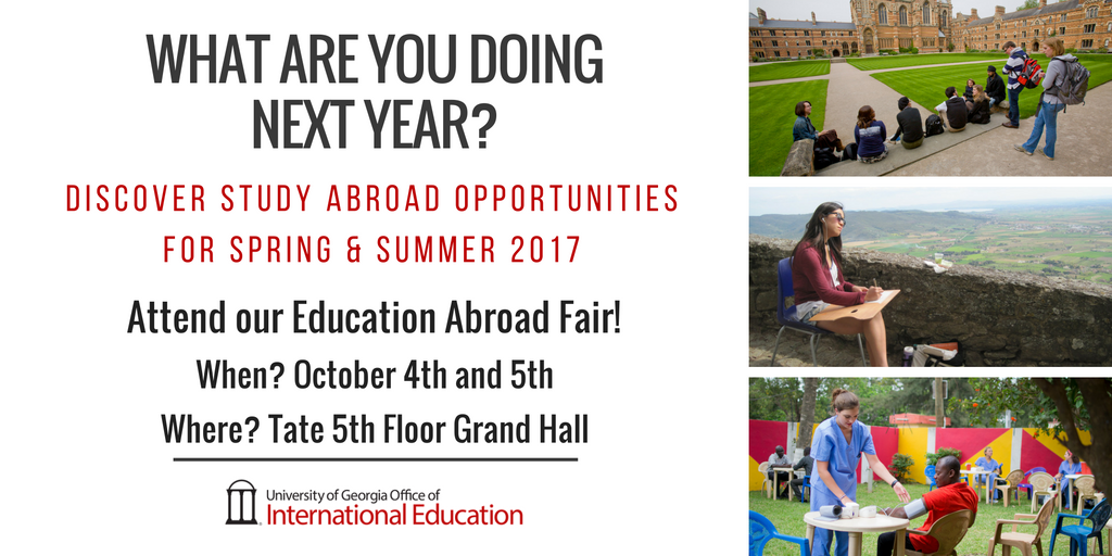 UGAStudyAbroad's tweet photo. Take a study break and stop by the Education Abroad Fair tomorrow from 12-5! Don't miss out on seeing over 100 programs all at once! https://t.co/nReFp4lpc7