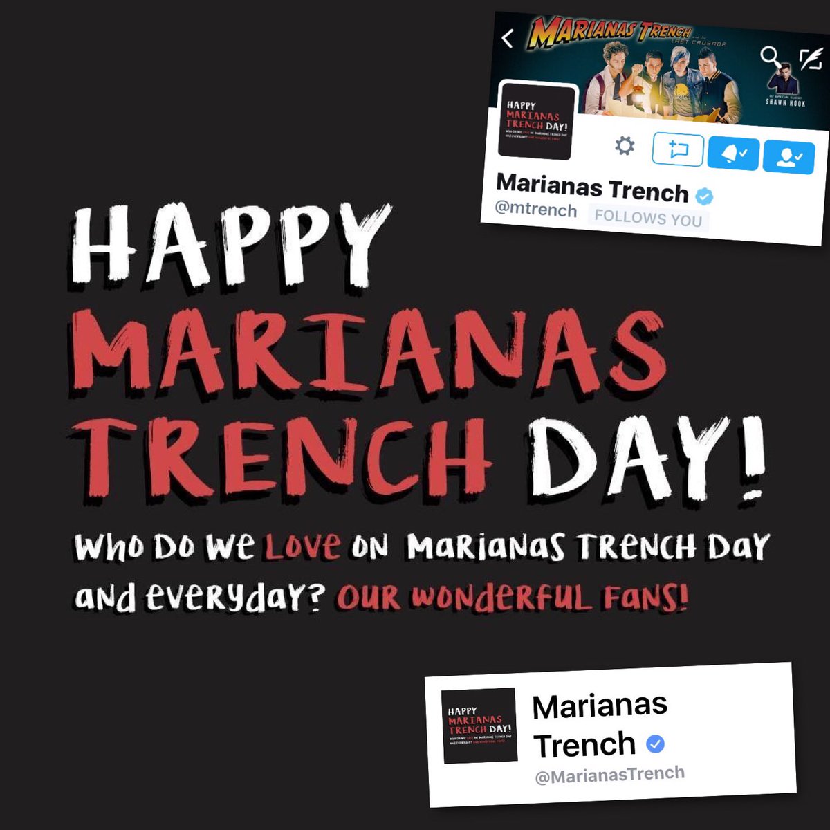 mtrenchCA's tweet photo. ❤️ Special profile pic on Twitter and Facebook today. Aww. #MTDay #MarianasTrenchDay #MTDay10Years #FixMe10 https://t.co/Kyp9f14RjT
