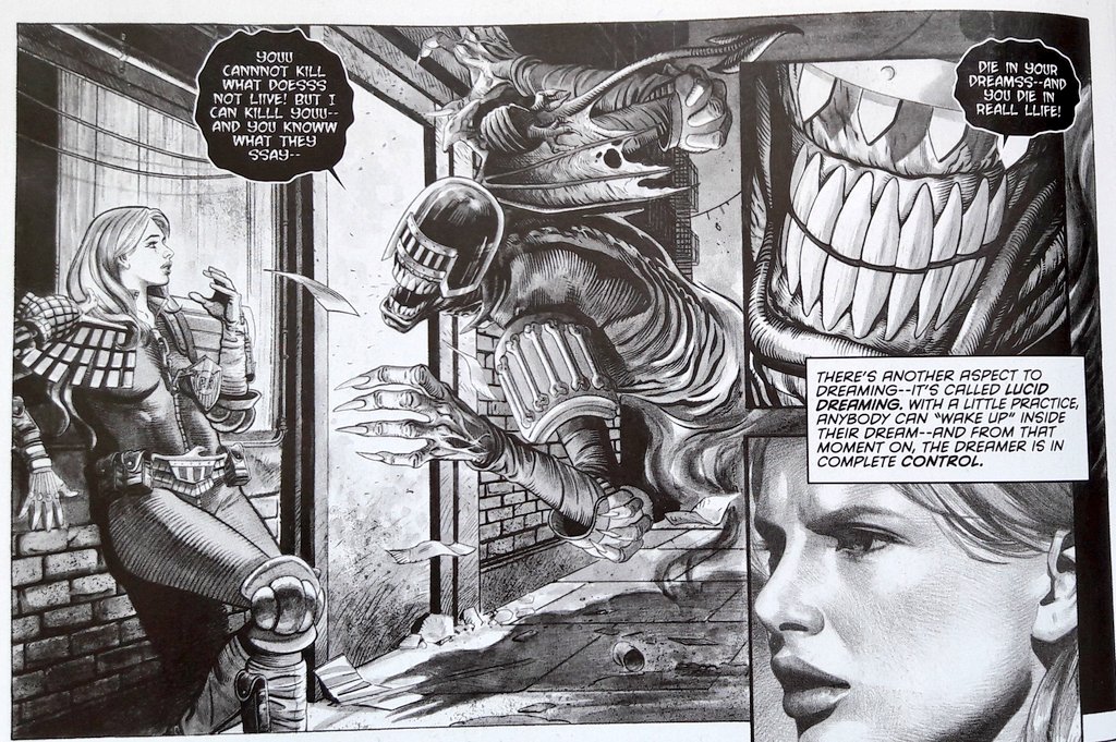 Graemation's tweet image. David Roach on Anderson with Judge Death. Fantastic! #MyPanelOfTheWeek @2000AD #Prog2000