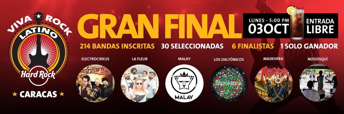 hardrockcafeccs's tweet photo. Los que todos esperaban ha llegado ¡LA GRAN FINAL del #VivaRockLatino! acércate desde las 5 pm y apoya a tu banda favorita https://t.co/ppR9KD5uy9