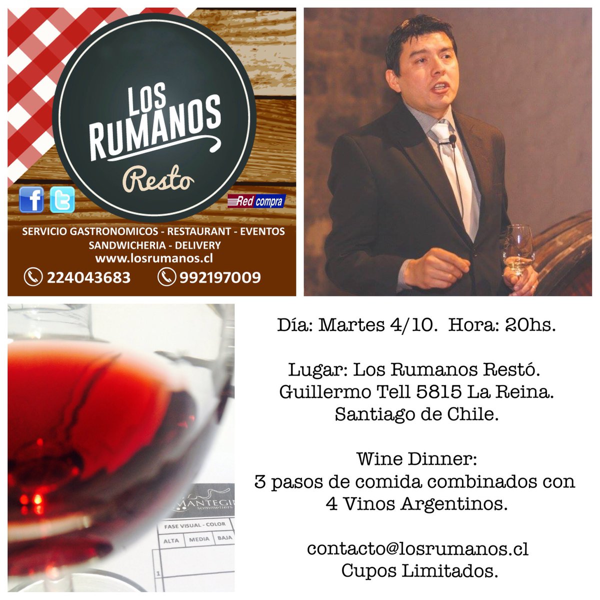 Amigos de #Chile Mañana 20hs. no te pierdas #Cata #Maridaje gastronomía d <a href="/LosRumanosRest/">LosRumanosRestaurant</a> y 4 exponentes de #VinosArgentinos Cupos Limitados