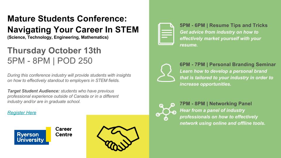 careercooptmu's tweet photo. On Oct 13, join us for the Mature Students Conference: Navigating Your Career In STEM to network with HR and professionals in your field! https://t.co/4o07kqvPZh