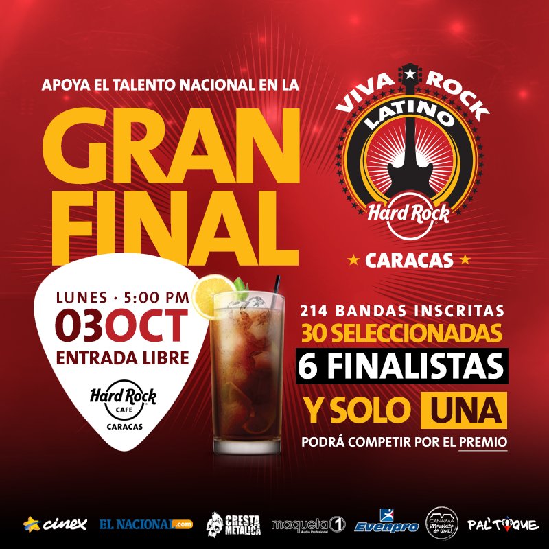 hardrockcafeccs's tweet photo. HOY no te puedes perder la FINAL del #VivaRockLatino @electrocirkus @lafleurmusica @losdaltonicos  @maskhera @malaybanda @NordisquiMusica https://t.co/T5U1kvoaR2