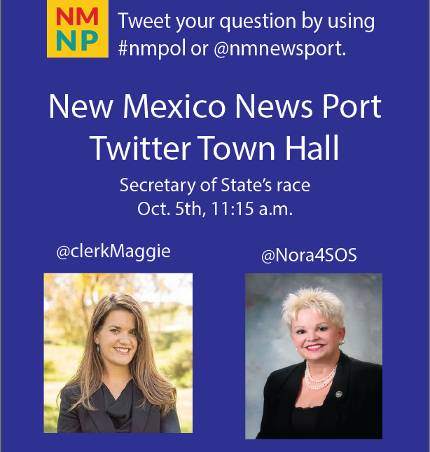 NMNewsPort's tweet photo. This week! Ask @ClerkMaggie and @Nora4SOS your questions during our Twitter town hall debate. #nmpol #nm2016 https://t.co/0tYJ67FJtn