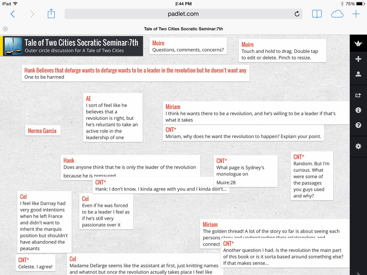 NEISDGT's tweet photo. Churchill students in a fishbowl-style Socratic seminar: the inner circle discusses the text while the outer circle uses Padlet. #neisdgt https://t.co/iu5wNjj7Gq