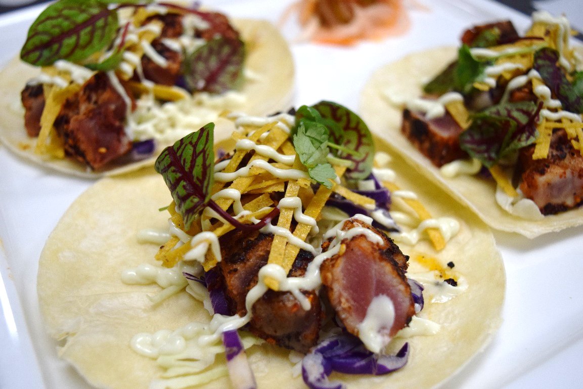 WildSeaLasOlas's tweet photo. This is just one of our specials thru the 9th, seared tuna tacos. Delicious! #mondaymotivation #MeatlessMonday #wasabi #pickledvegetable https://t.co/yFX9s1RUqO