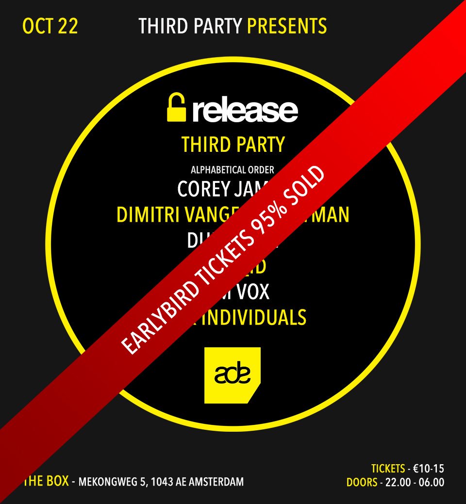 Amsterdam! We're down to our last few €10 Earlybird tickets for Release, Oct 22! Get yours!: bit.ly/ReleaseADE
