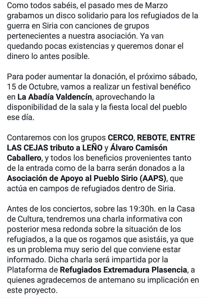 FESTIVAL SOLIDARIO 'REFUGEES WELCOME' - 15 de Octubre en <a href="/La_Abadia/">La Abadía Valdencín</a> Valdencín (Cáceres). <a href="/QueFestival/">QueFestival</a> <a href="/siguefestivales/">Ruidos y Festivales</a>