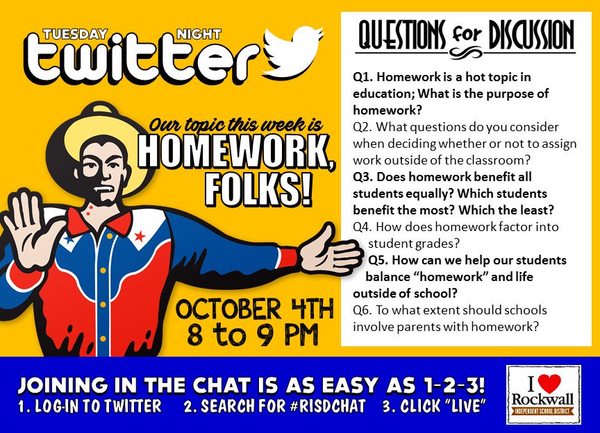 Special #risdchat tomorrow Oct. 4th about homework with the great <a href="/ruthwj/">Ruth Johnson, Ed.D.</a>! Can't wait!