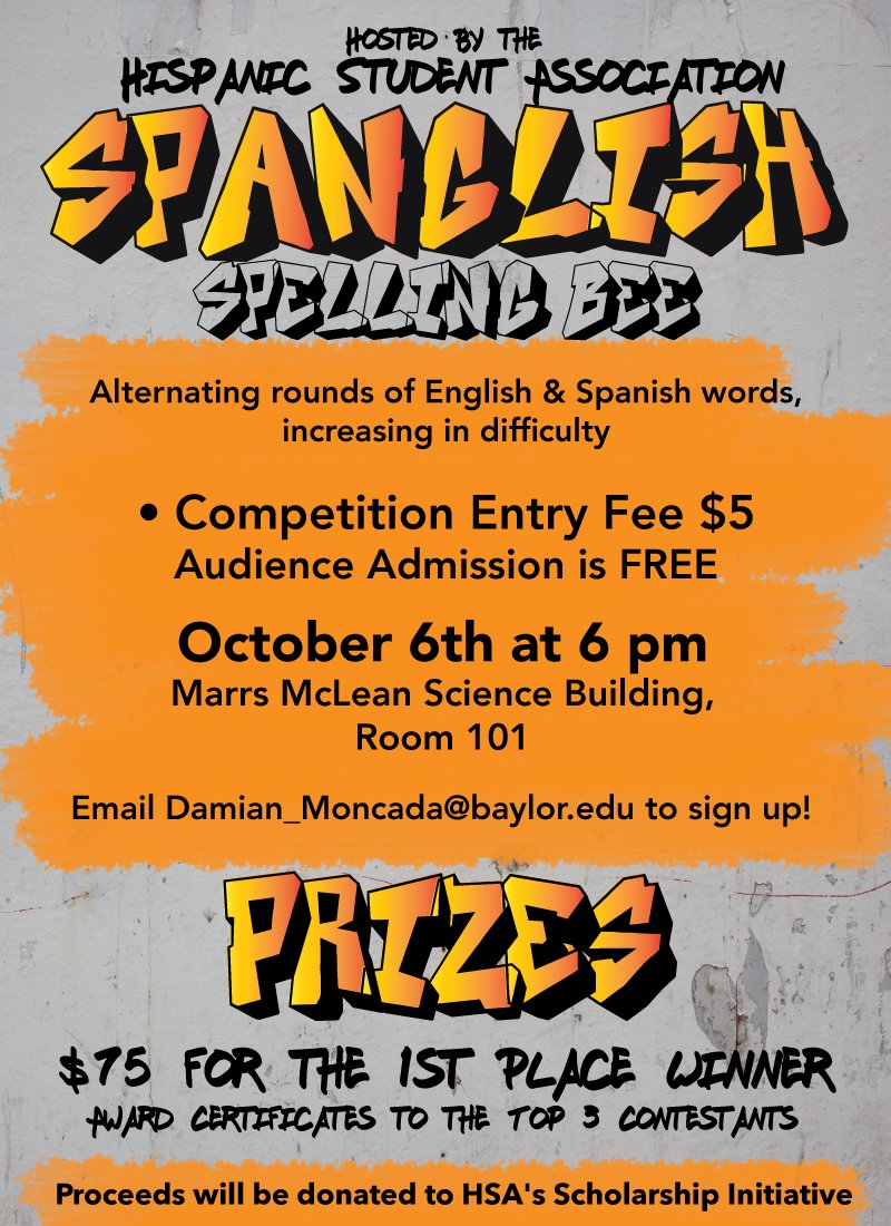 BUSpanish's tweet photo. Join @HSA_BU as they host their Spanglish Spelling Bee on October 6th! Sign up here:https://t.co/CBYwihSRHx https://t.co/Iabp2jQT33