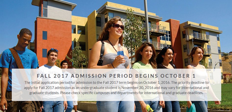calstate's tweet photo. BIG NEWS: CSU's are now accepting applications for Fall 2017. Apply early today! https://t.co/bKMAiiKzFt https://t.co/J96NqA0VJc