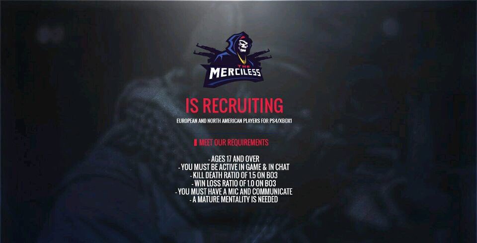 @_theMerciless is recruiting 
XB1 • PS4 • US • EU

Contact:
XB1: @_theMerciless 
PS4: @_theMercilessPS

#tMFam #NoMercy 🎮👌🏼