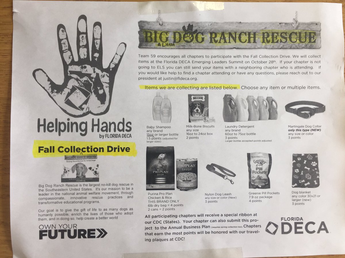 Florida DECA is collecting supplies to help care for puppies 🐶! Whoever brings the most gets two Hangar 15 VIP passes. 🎟🎟 Room 2-208!