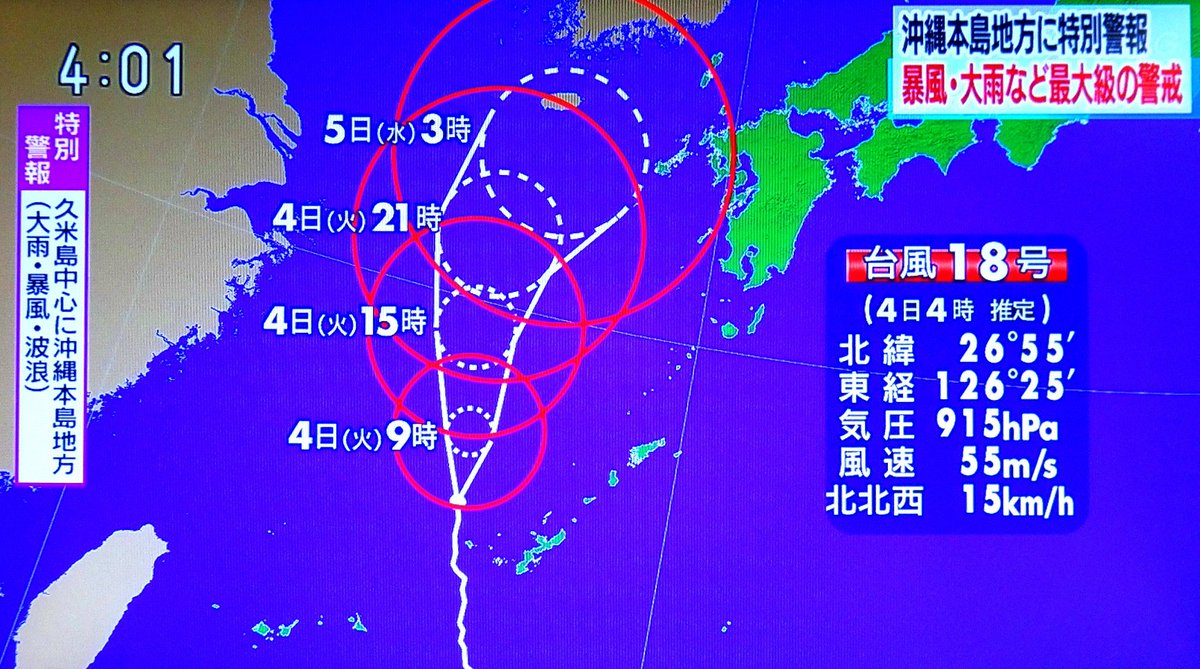冨永 格 たぬちん Sur Twitter 猛烈な台風18号 沖縄県の久米島を暴風域に巻き込んで北上中 このあと5日にかけて九州北部に接近へ 久米島では停電等の被害が出ています 速度が遅いので風雨の影響が長続きしそう 進路予想はnhk 最新ニュースより