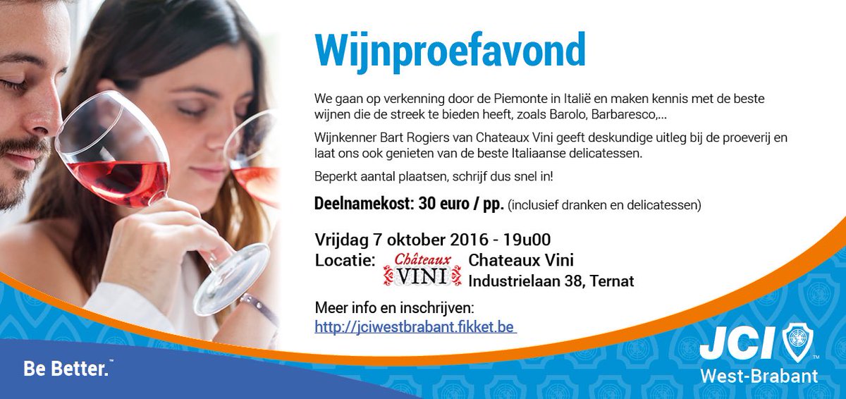 Vrijdag 7 oktober - wijnproefavond - wijnen uit de Piemonte-streek - inschrijven via jciwestbrabant.fikket.be