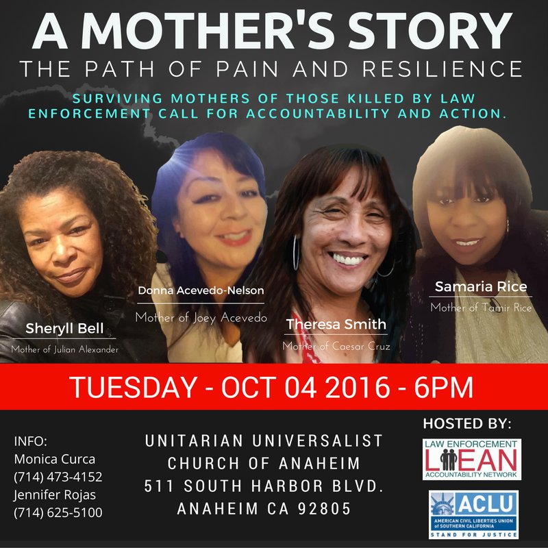 ACLU_SoCal's tweet photo. TUE 6pm #Anaheim: Hear from moms of victims of police violence #TamirRice #JulianAlexander #JoeyAcevedo #CaesarCruz https://t.co/HX4K1LPD8B https://t.co/K7aLsaNf7W