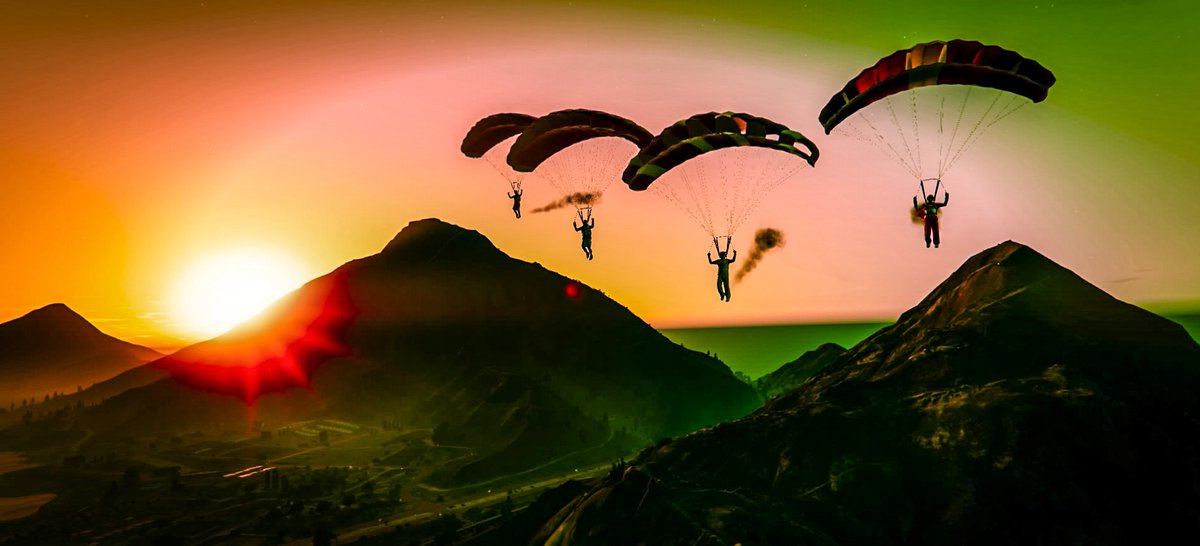 SkyChildrenCrew's tweet photo. *Sunset Formations* @RockstarGames @KapnKyleGTA @EpicLeftz #RockstarGames #SKYZ #GTAOnline #GTA5 #GTAV #Snapmatic #skydive #PS4 #brothers https://t.co/txXg8y7TfZ