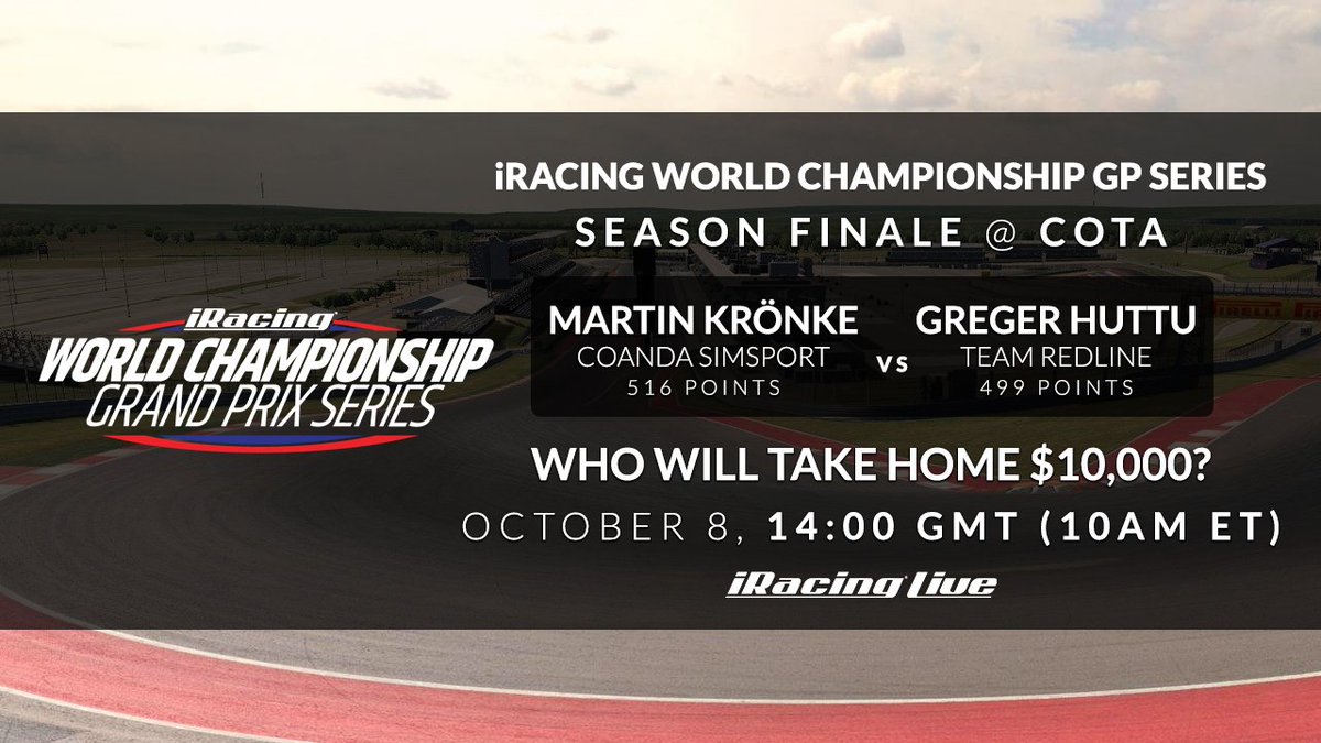 iRacing's tweet photo. Mark your calendars! The #iWCGPS finale is this Saturday at 14:00 GMT (10AM ET). Who will take home the $10,000 cash prize? @RaceSpotTV https://t.co/MbopIATFur