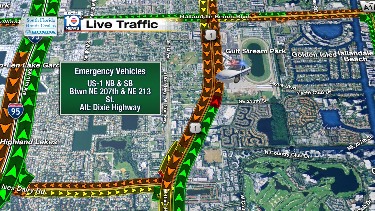 Emergency crews are on the scene in Aventura along SB & NB US-1 between NE 207-213 Streets. Use Dixie Hwy as an alt. https://t.co/0toB153ury