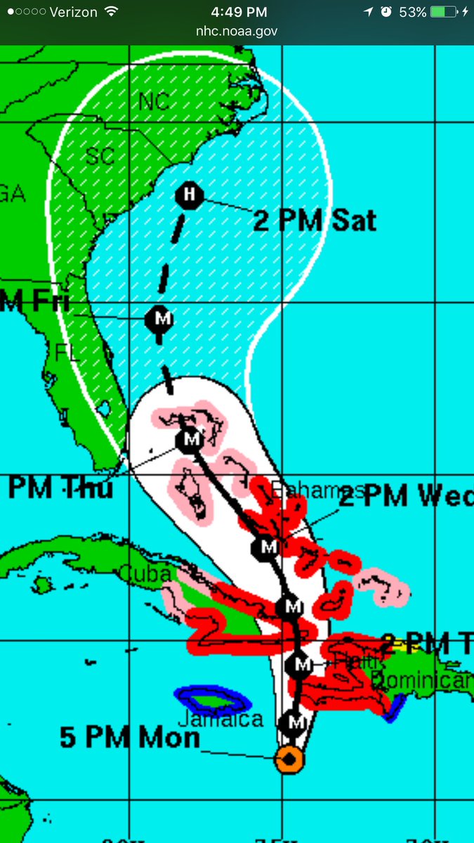BillKarins's tweet photo. New path out. 50/50 if makes U.S. Landfall. Worst case for #Nassu in Bahamas then concern shifts to Carolinas. https://t.co/8lgvFofro4