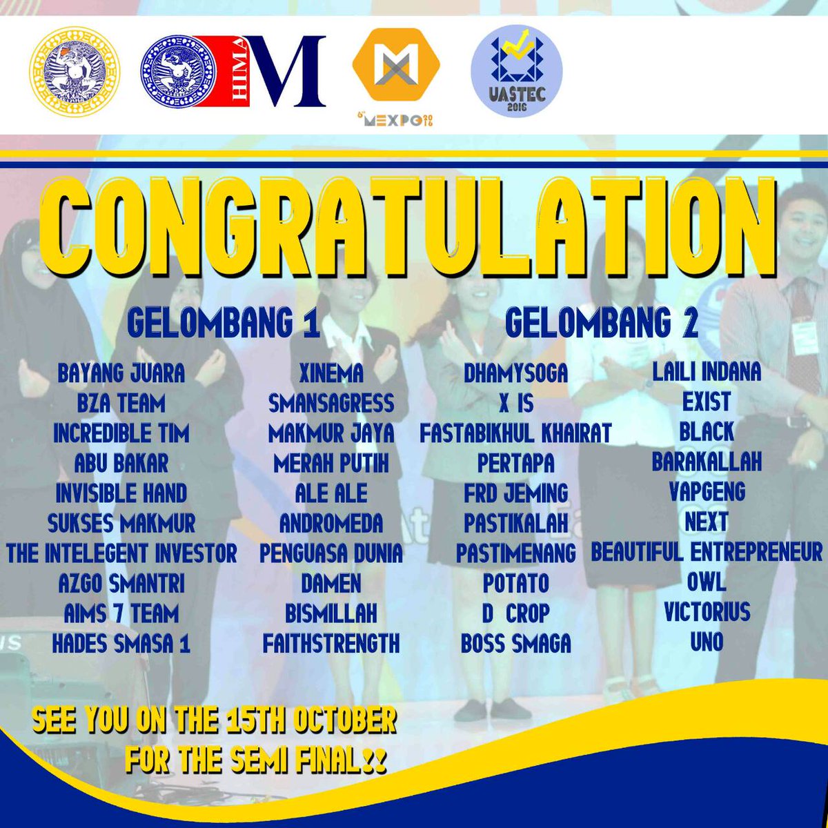 Selamat kepada 40 Tim yang lolos ke babak Semi Final UASTEC 2016 👏🎉
Untuk tim yang belum lolos jangan berkecil hati yaa. Tetap semangattt 😉