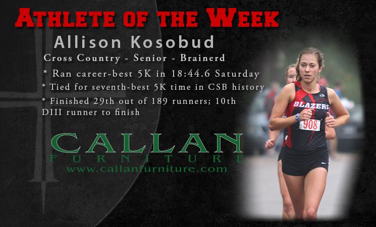 CSB_Athletics's tweet photo. Congrats to @BlazerXC senior Allison Kosobud on being named CSB Athlete of the Week after a big weekend in Oregon! #LimitlessIn16 https://t.co/TWde69CyxA