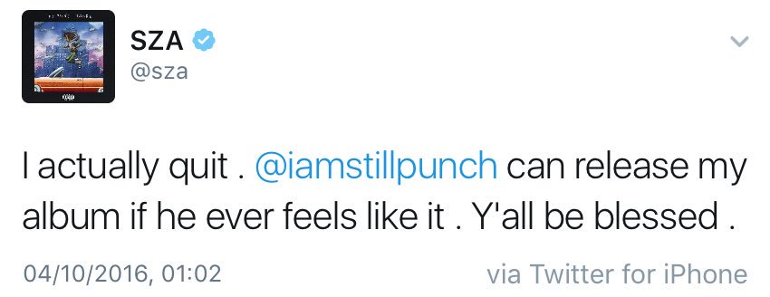 PopCrave's tweet image. SZA just announced she's quitting music via Twitter. We'll miss you, Solána. 😢