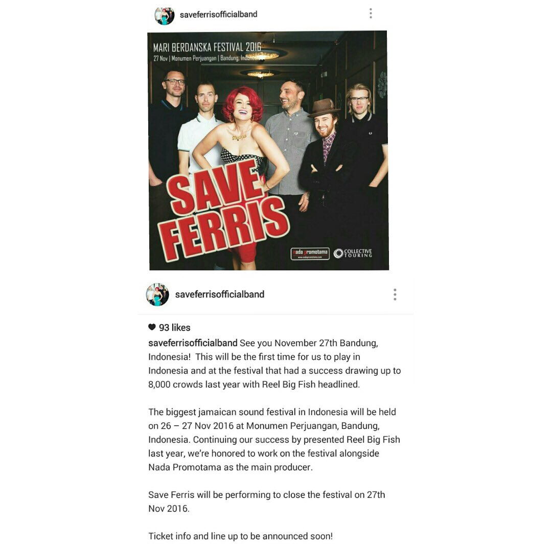 <a href="/SaveFerris_1/">SAVE FERRIS</a> will headlining <a href="/mari_berdanska/">MARI BERDANSKA 2016</a> 2016 on 27th Nov 2016 (Day 2) at Monumen Perjuangan Bandung, Indonesia :) See you! #MB2016