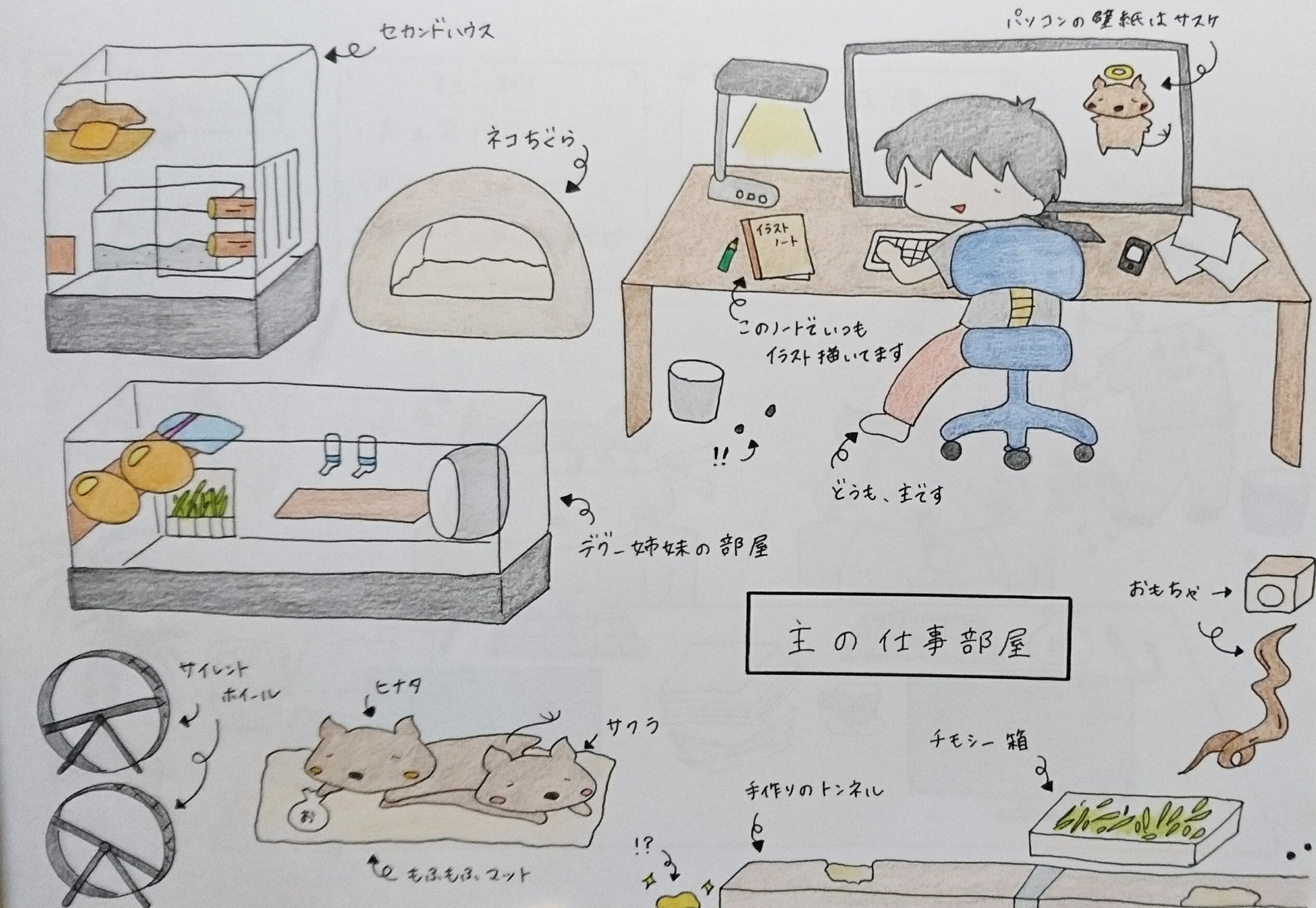 デグーと暮らすライフスタイル Toru Pa Twitter 仕事部屋のデグー姉妹と主を描いてみました デグー Degu デグーイラスト イラスト Illust 動物イラスト 手書きイラスト Creator 手描きイラスト 手描き 1コマ 1コマ漫画 絵本風