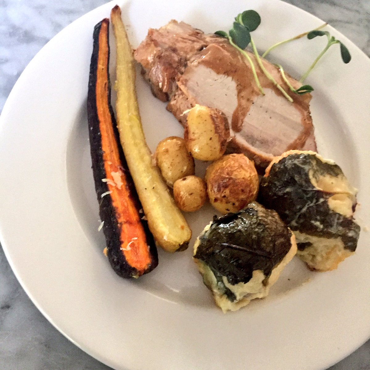 Dinner! Pork loin roast, roasted market vegetables and #Ukrainian beet leave rolls #harvest dinner #yegfood #eatlocal