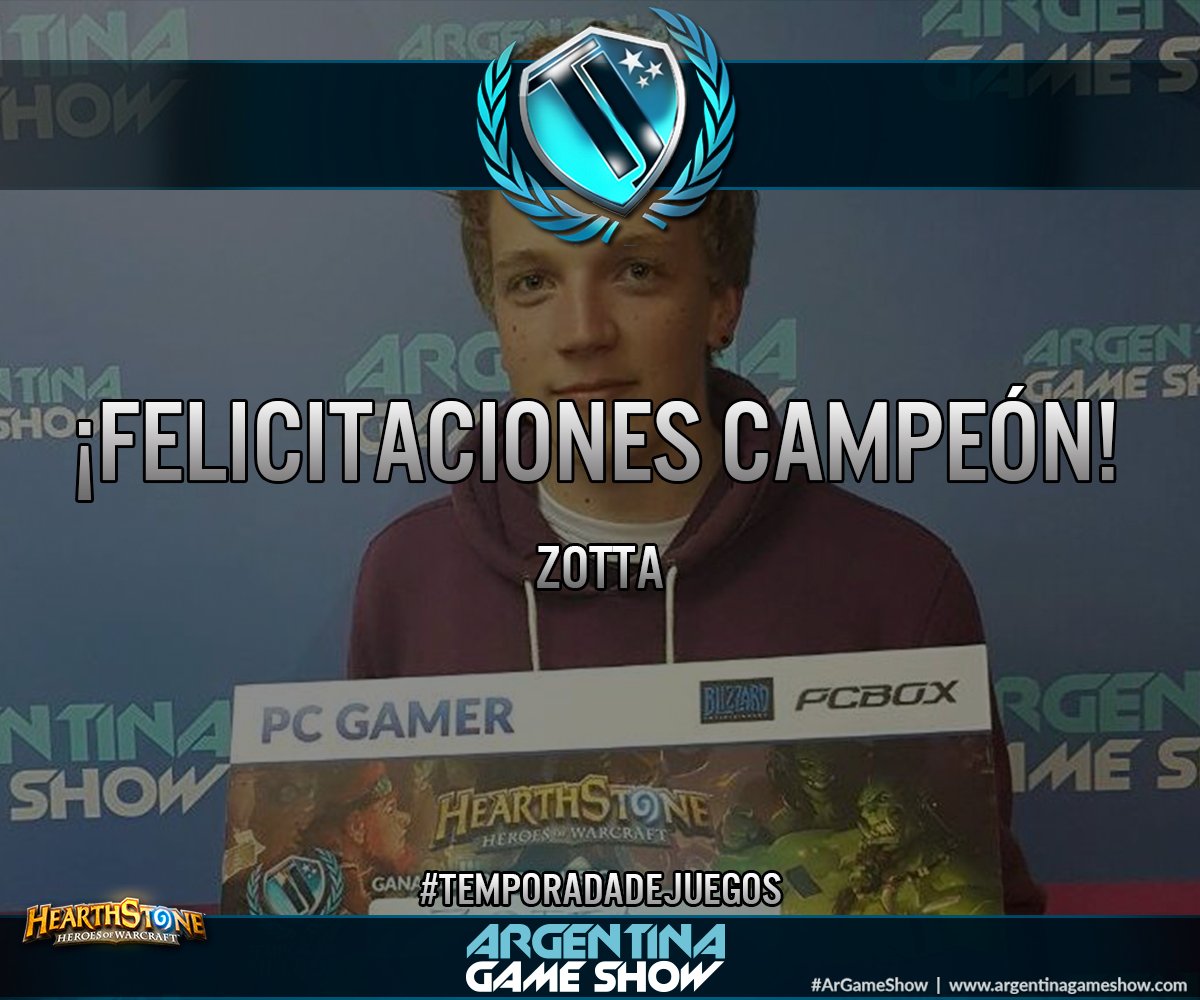 TemporadaJuegos's tweet photo. ¡Felicitaciones #Zotta! Campeón de #Hearthstone en #ArGameShow #TemporadadeJuegos @PlayHSLATAM @PlayHSLATAM @BlizzLatAm #Blizzard https://t.co/ibxwbMofKv