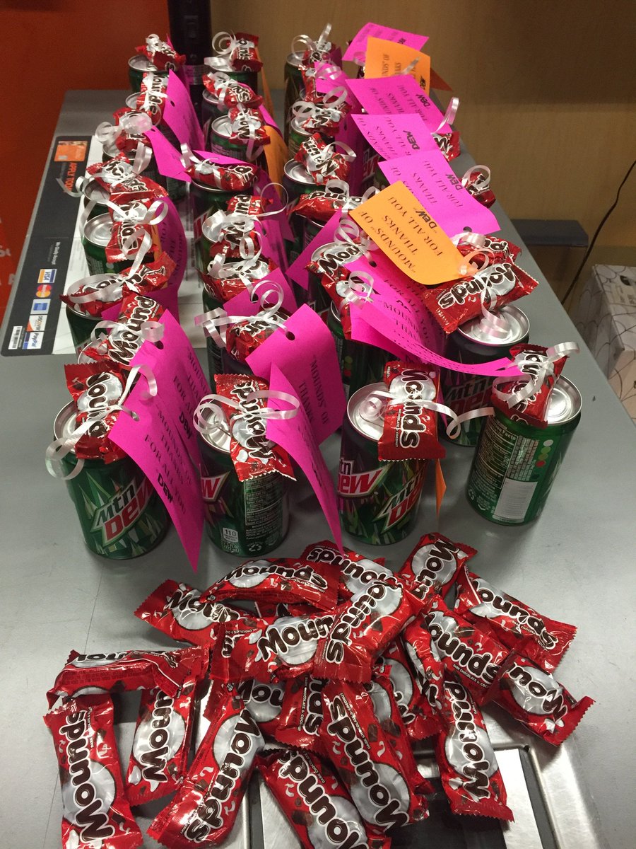 HoneyHardware's tweet photo. "Mounds" of thanks for all you "Dew" for our cashiers at 3606! Thanks Holly! You rock!!! @ChaseKnowlesHD  @midnightdaze82 @TaraTuckerTHD https://t.co/qQ3TCMZNol