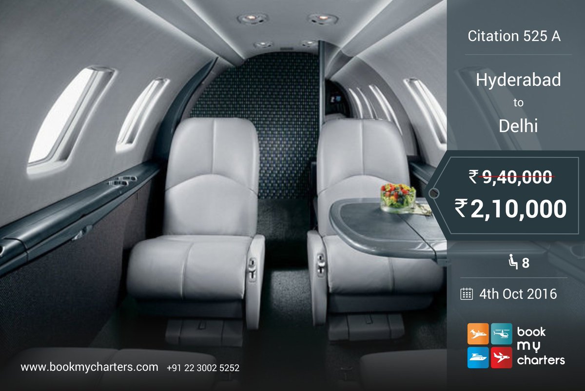 #FlyPrivate from #Hyderabad to #Delhi at Rs. 2,10,000/- for 8 people. bit.ly/2cT3PqR
#bookmycharters #citation525 #traveltuesday