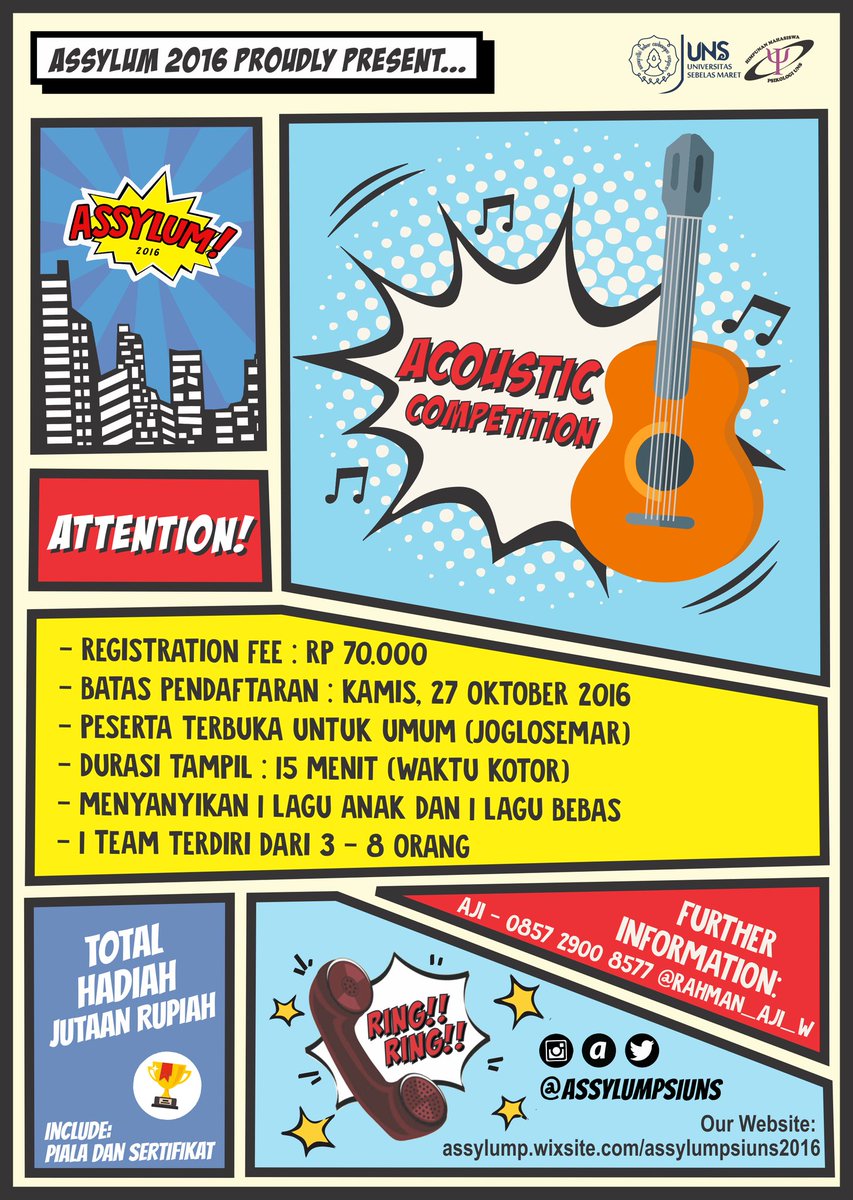 ACCOUSTIC ! 🎸
👬👭 1 grup : 3-8 orang
⏰ durasi : 15 menit
💲 Regist fee : 70.000 IDR
More info :
Aji (0857-2900-8875) // line @rahman_aji_w