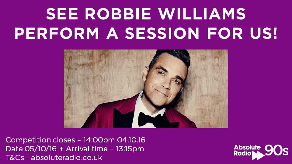 AbsoluteRadio90's tweet image. Fancy coming to see the incredible Robbie Williams perform a session for us tomorrow? Then follow and RT for your chance to win.
See picture