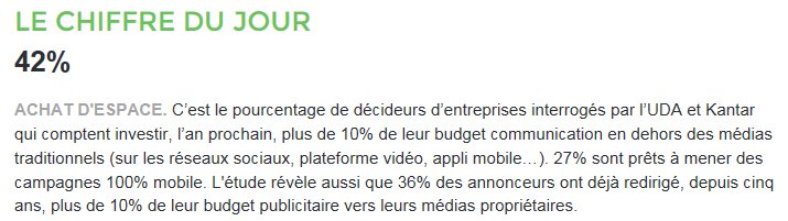 LeitusCathy's tweet photo. 42% des décideurs vont investir en 2017 + 10% de leur budget com hors des médias tradi selon étude @UDA_annonceurs @TNS_Sofres @Strategies https://t.co/btlOGZCWSR