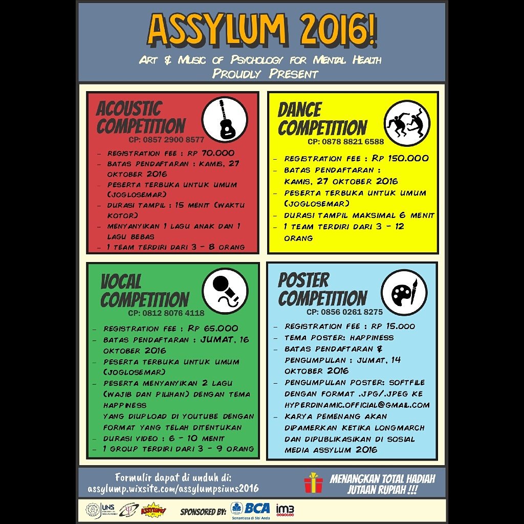 We are back to remind you about assylum competition!
🎸 ACCOUSTIC
💃 DANCE
🎤 VOCAL GROUP
🎨 POSTER

Find us on :
assylump.wixsite.com/assylumpsiuns2…