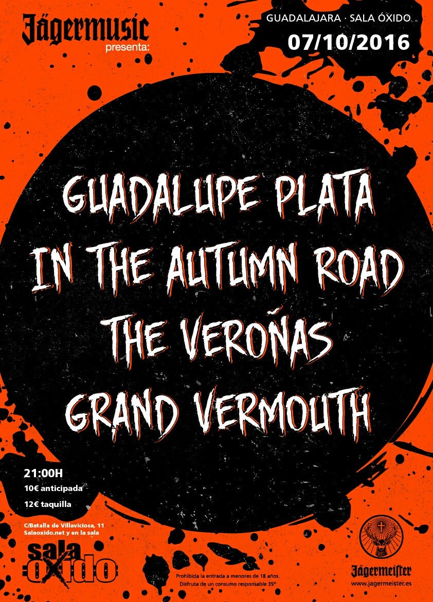 GrandVermouth's tweet photo. Jóvenes, nos vemos este viernes en @SalaOxido con @guadalupeplata, #TheVeroñas e #InTheAutummRoad. 
Empezando temporada! #CuidadinConElJager https://t.co/PMJ5xkwQlM
