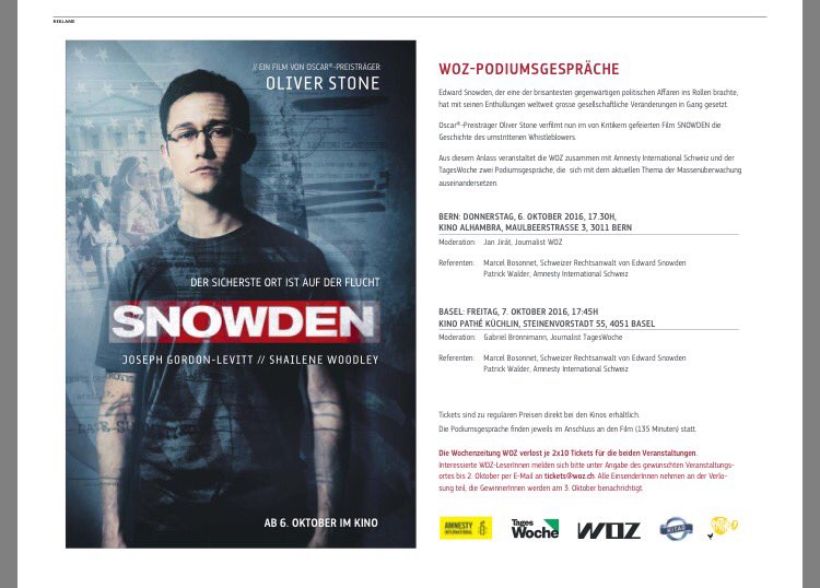 Das <a href="/Wochenzeitung/">WOZ</a>-Podium zum #SnowdenMovie: Do in BE (Alhambra, 17.30), Fr in BS (Pathé, 17.45) mit <a href="/patrick_walder/">patrick walder</a> und Marcel Bosonnet.