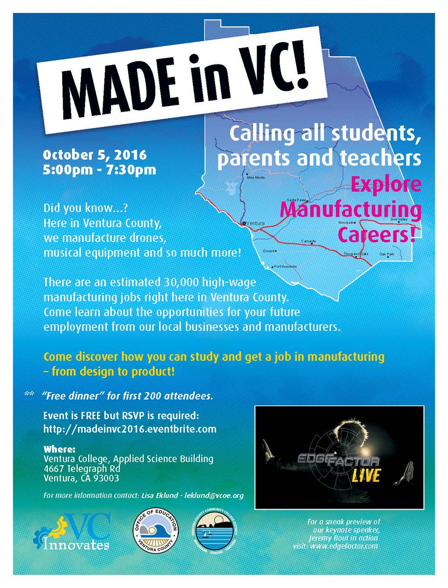 PantherCTE's tweet image. #MadeInVC tomorrow night at #VenturaCollege - 30,000 Manufacturing jobs in VC!