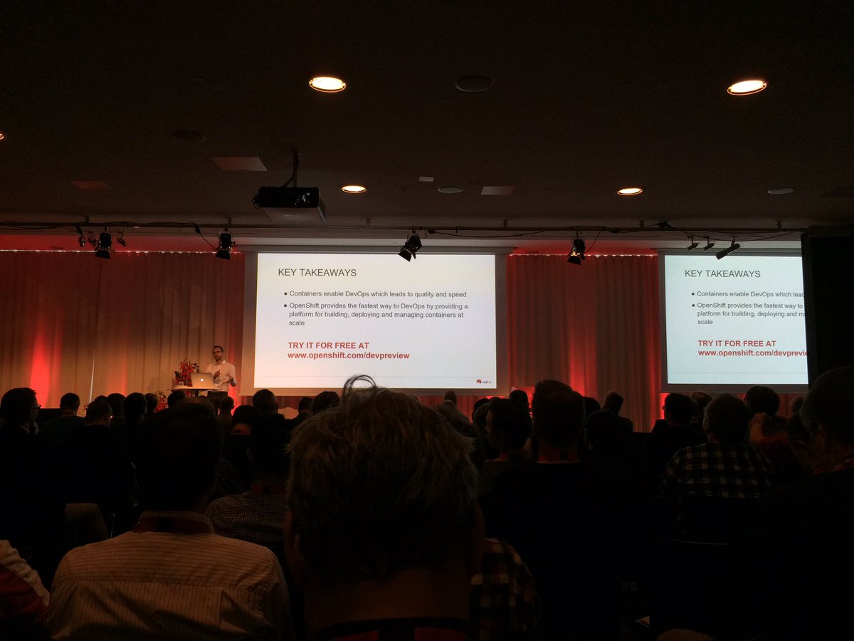 netorek's tweet photo. "Containers enable DevOps which leads to quality and speed." #redhat #devops #redhatforum2016 #Openshift https://t.co/OBqg7wG0aN