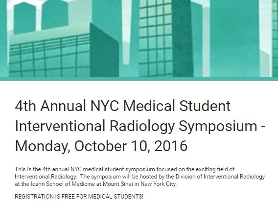 #IRad NYC MEDICAL STUDENT SYMPOSIUM - OCT 10 

REGISTER HERE: goo.gl/YWAbtc

<a href="/SIRspecialists/">Society of Interventional Radiology</a> <a href="/SIRRFS/">SIR RFS</a> @medstudent_blog