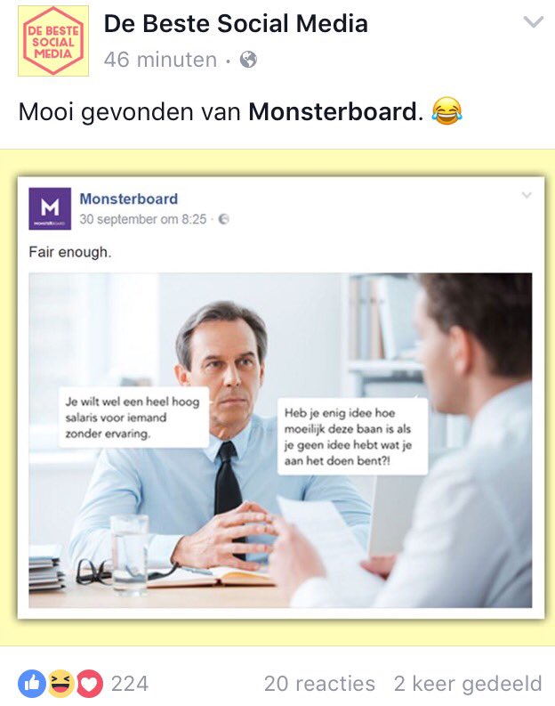 Onze social post voor Monsterboard heeft weer een eervolle vermelding gekregen van @DeBesteSocial. Nice!