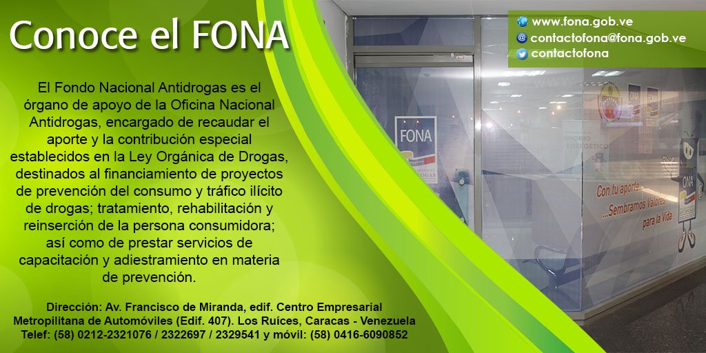 snantidrogas_ve's tweet photo. ¿Sabías que el FONA financia proyectos en materia de drogas? Para más información visita https://t.co/bMtQBRvxoY https://t.co/kzwn1lt4Oa